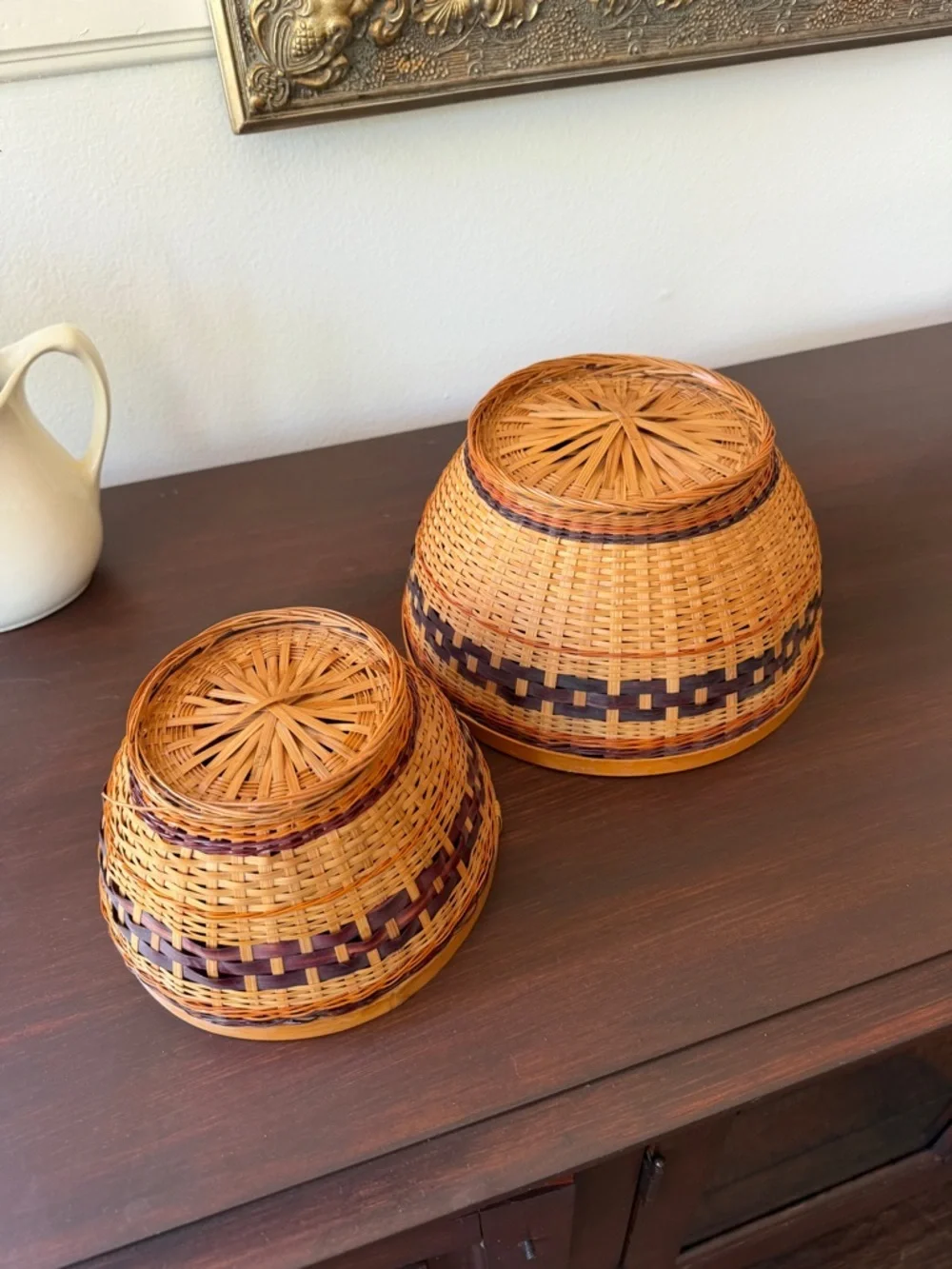Vintage Handwoven Natural and Dark Brown Wicker Decorative Basket Set